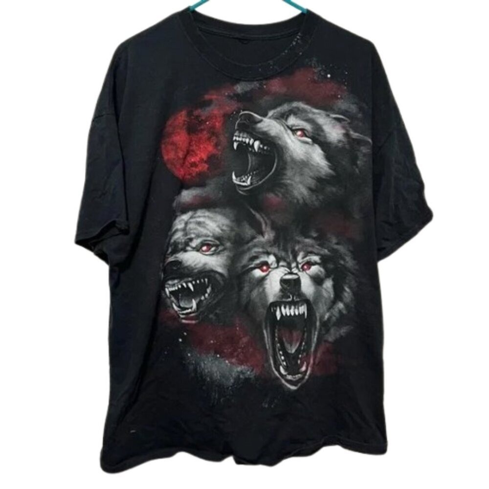 Y2K VINTAGE Blood Moon Wolfpack Shirt Men's Black Horror 3 Wolf Nature Evil